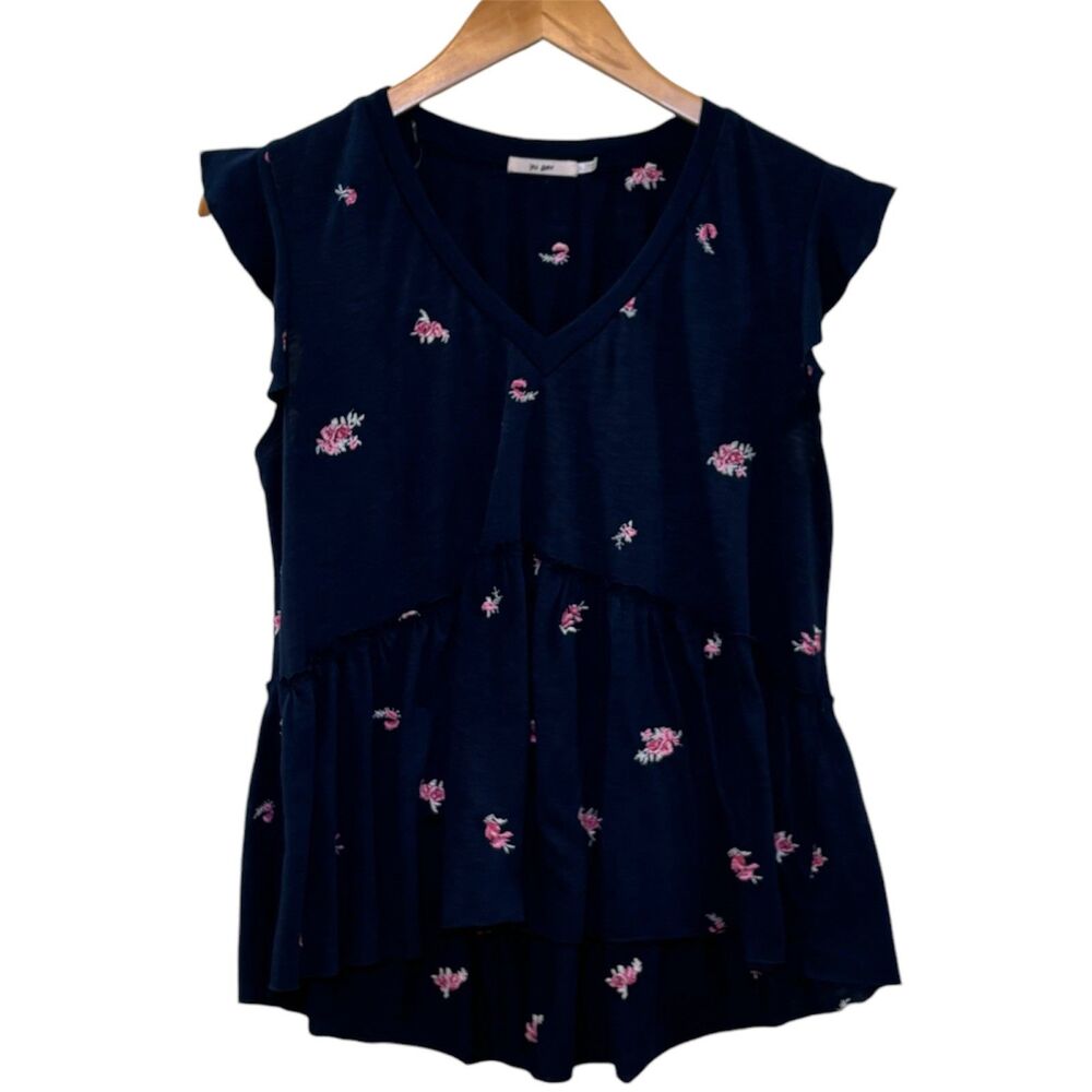 Francesca’s Mi Ami Floral Embroidered Short Sleeve Tee Blue Extra Large/Large
